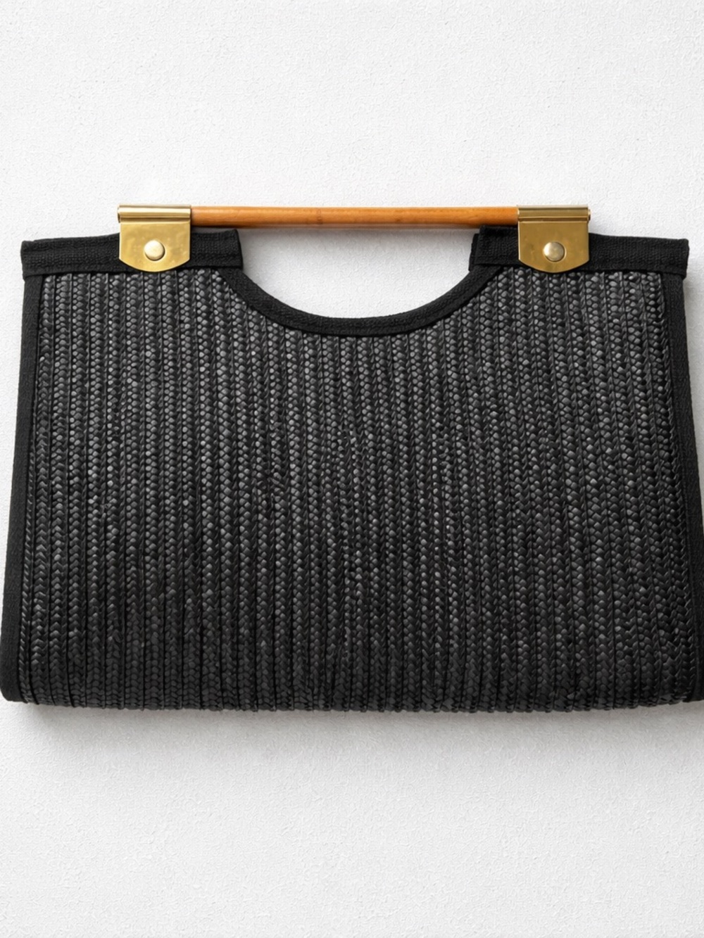 Vintage Black Woven Top-Handle Bag with Gold Accents